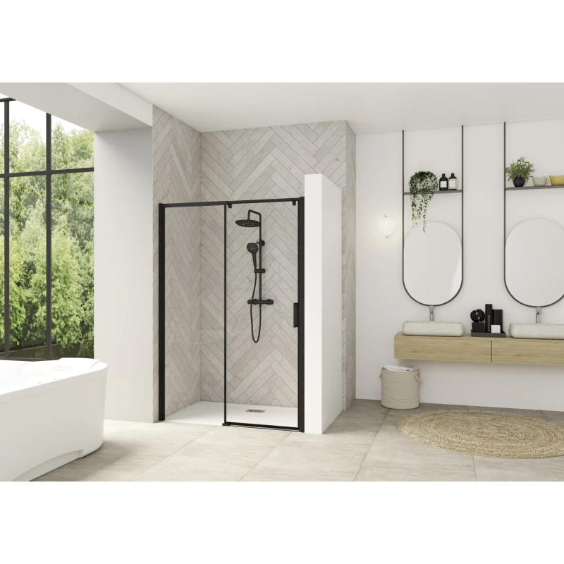 Verre transparent / Profilé gris noir grainé · Coulissante • porte • Fixe à gauche