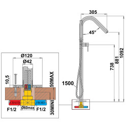 Colonne bain-douche îlot par le sol COX PVD grey acier