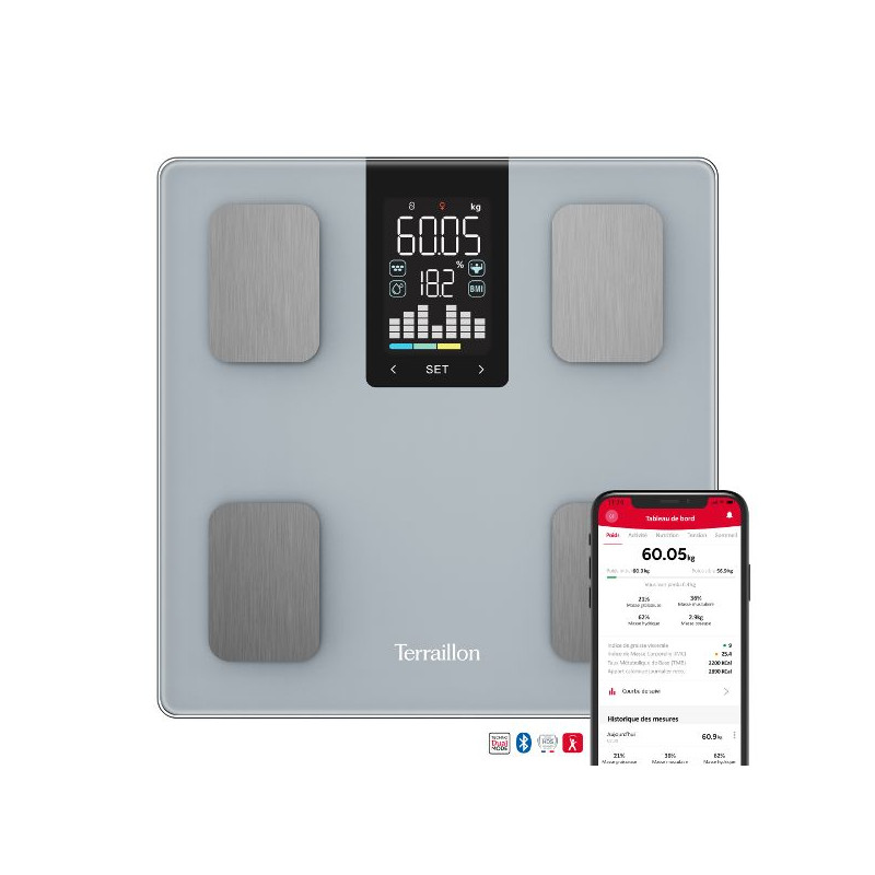 TERRAILLON PESE-PERSONNE 15599 IMPEDENCEMETRE CONNECTE BLUETHOOTH GRAND PLATEAU VE *