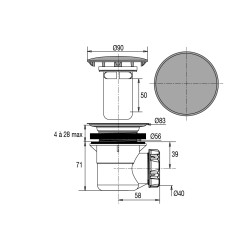 Bonde douche Ø60, capot serti inox Ø90, sortie horizontale Ø40, corps 70% PCR