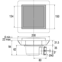 Bonde sol extra-plat réglable,capot métal ,sortie horizontale Ø40,corps 70% PCR