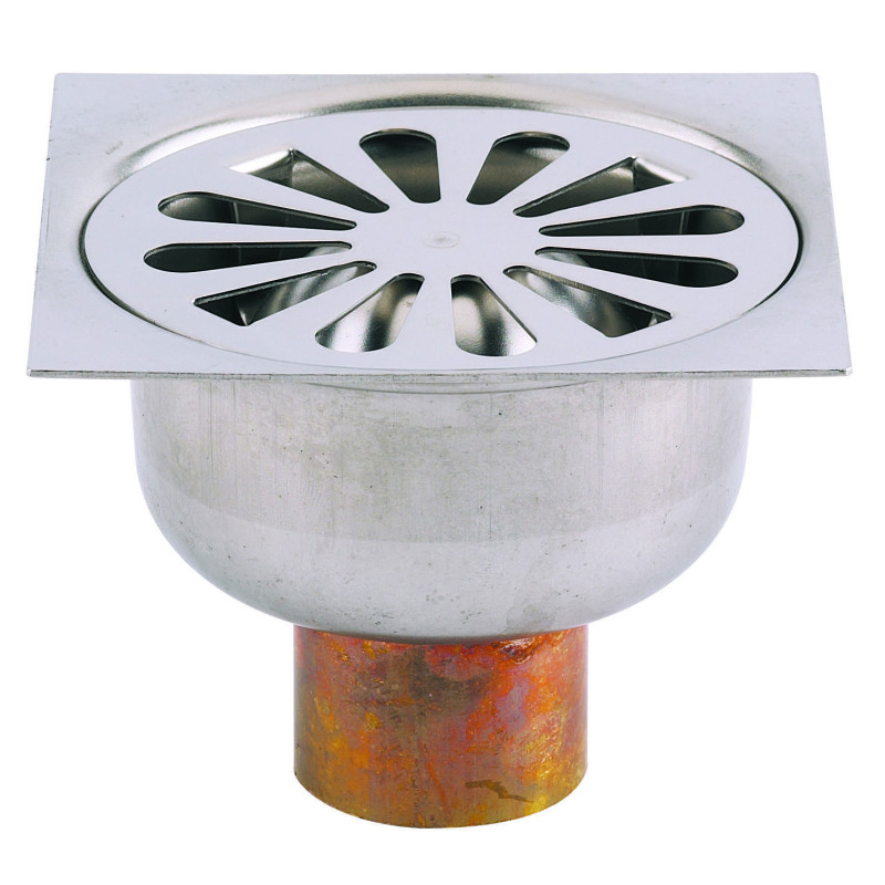 Siphon de sol laiton, grille cloche inox Ø90mm, sortie verticale Ø40mm à souder