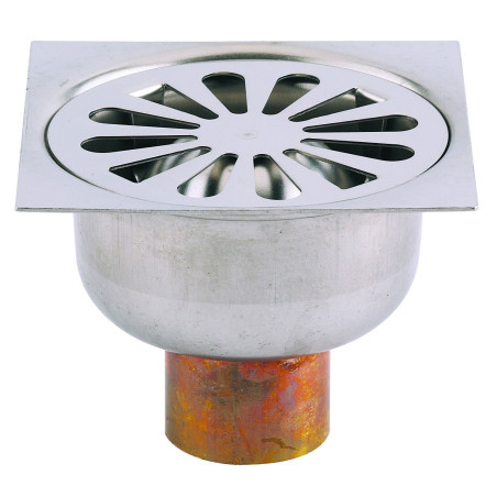 Siphon de sol laiton, grille cloche inox Ø90mm, sortie verticale Ø40mm à souder
