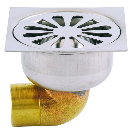 Siphon de sol laiton, grille à cloche inox Ø90mm, sortie coudée Ø40mm à souder