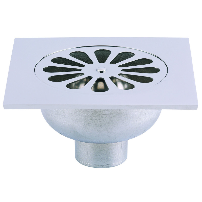 Siphon sol laiton 150x150mm,grille cloche laiton chromé,verticale à souder Ø44mm
