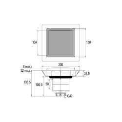 Bonde sol extra-plate réglable,capot métal ,sortie verticale Ø40,corps 70% PCR