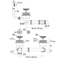 Vidage gain espace évier 2 cuves Ø90,panier inox Ø83mm, serr 0-25,corps 100% PCR