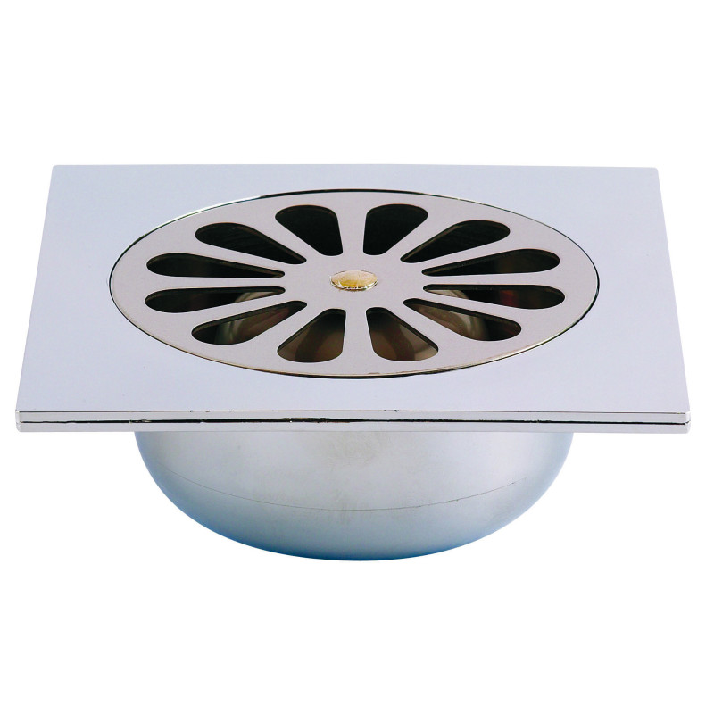 Siphon sol ABS chromé 140x140, grille cloche inox, sortie verticale coller Ø40