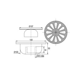 Siphon sol ABS chromé 140x140, grille cloche inox, sortie verticale coller Ø40