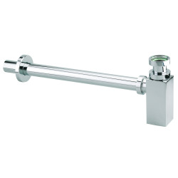 Siphon lavabo laiton chromé, design carré réglable 50/120mm, sortie murale