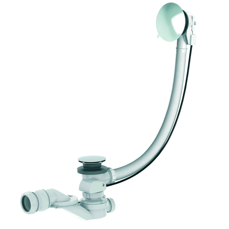 Vidage bain câble 1m, volant/clapet métal chromé,cuvette inox, corps 100% PCR