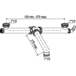 Tubulure gain espace évier 2 cuves, entraxe jusqu'à 575mm,1 prise,corps 100% PCR