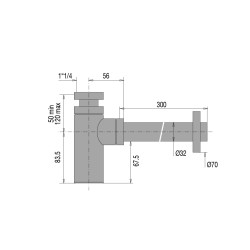 Siphon lavabo laiton chromé noir, réglable 50/120mm, sortie murale 300mm Ø32mm