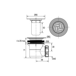 Bonde de douche NF Ø60mm, grille Ø85mm, sortie horizontale Ø40mm, corps 70% PCR
