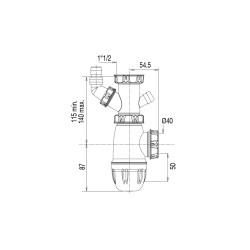 Siphon évier, H. réglable 115-140mm, prises machine ou trop-plein,corps 100% PCR