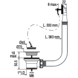 Bonde évier Ø50, bouchon noir Ø45, cuvette Ø70, serr 0-10,avec TP,corps 100% PCR