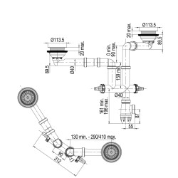 Vidage gain d'espace ELIPSO évier 2 cuves Ø90, H. 89,5mm,corps 100% PCR