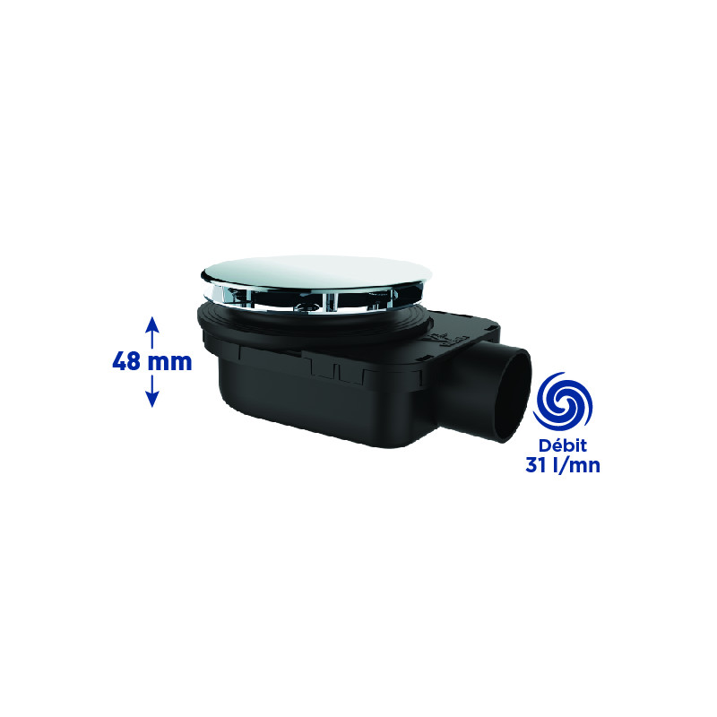 Bonde douche ultra-plate NF Ø90, SMART,capot métal chromé,H.48 mm,corps 70% PCR
