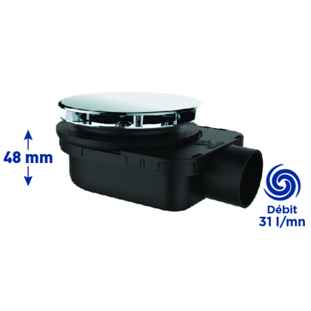 Bonde douche ultra-plate NF Ø90, SMART,capot métal chromé,H.48 mm,corps 70% PCR