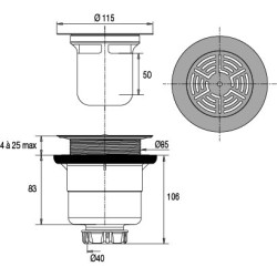 Bonde receveur Ø90, grille inox Ø115mm, sortie verticale Ø40mm, corps 70% PCR