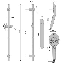 Barre de douche complète 90 cm JEWEL chromé