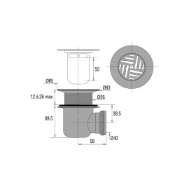 Bonde receveur de douche Ø60mm, laiton, grille Ø85mm, sortie horizontale Ø40mm