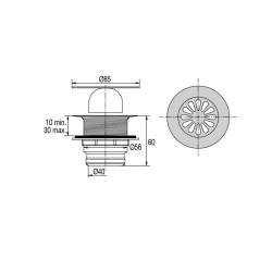 Bonde receveur Ø60mm, laiton, grille Ø85mm, sortie verticale Ø40mm