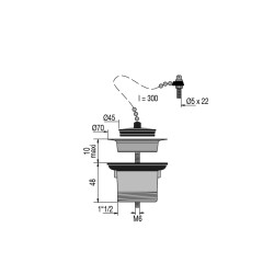 Bonde évier Ø50mm laiton, bouchon noir Ø45mm, cuvette Ø70mm, serrage 0 à 10mm