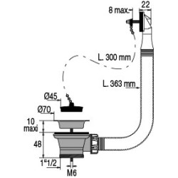 Bonde évier Ø50mm laiton, bouchon noir Ø45, cuvette Ø70, serrage 0 à 10, avec TP
