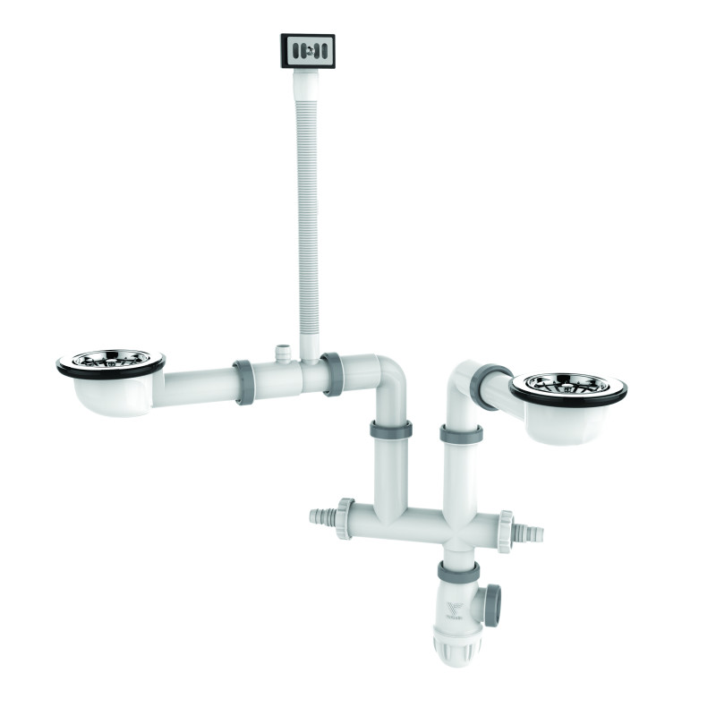 Vidage gain espace TBXP évier 2 cuves Ø90 + trop-plein, H. 65mm, corps 100% PCR