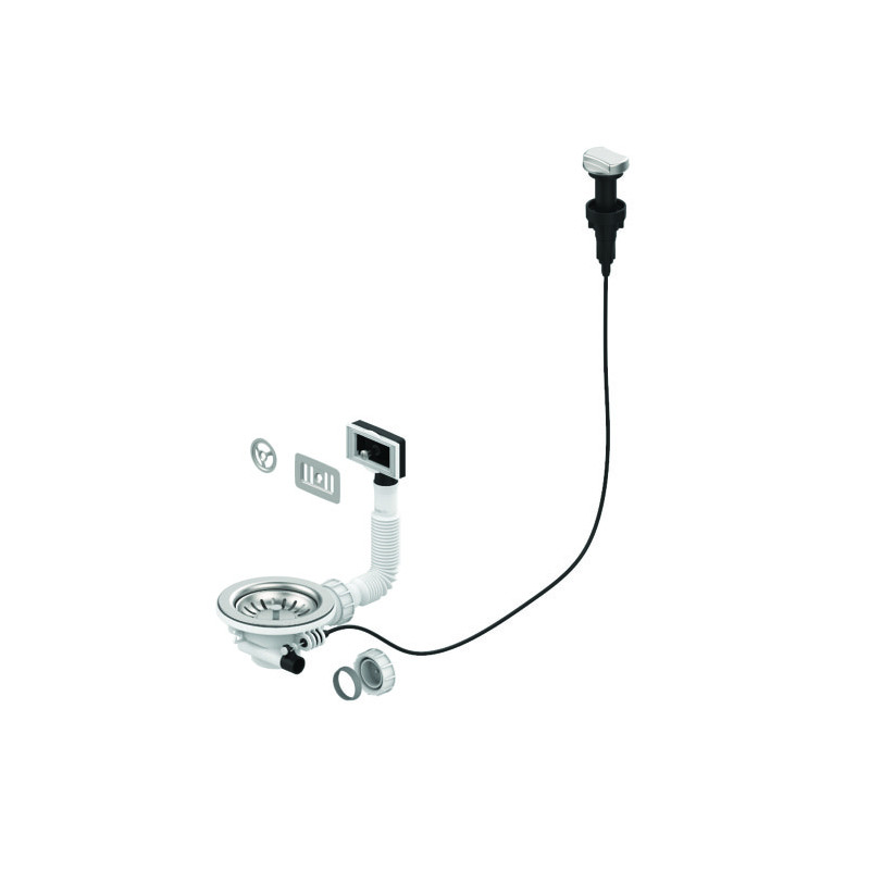 Bonde évier 1 cuve Ø90mm commande à câble, cuvette Ø114 mm, serrage 0 à 13mm