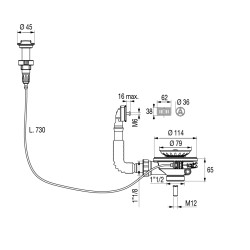 Bonde évier 1 cuve Ø90mm commande à câble, cuvette Ø114 mm, serrage 0 à 13mm