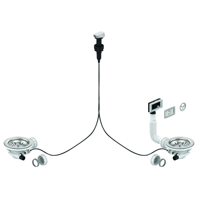 Bonde évier 2 cuves Ø90mm commande à câble, cuvette Ø114mm, serrage 0 à 13mm