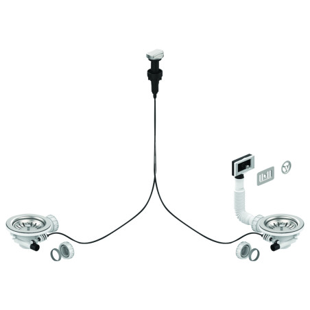 Bonde évier 2 cuves Ø90mm commande à câble, cuvette Ø114mm, serrage 0 à 13mm