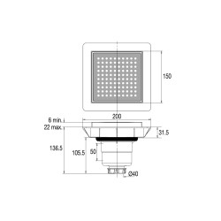 Bonde sol réglable extra-plate,grille inox,sortie verticale Ø40,corps 70% PCR