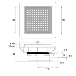 Bonde de sol ultra-plate, SMART à grille, horizontal Ø40mm à coller, corps 70% PCR