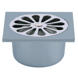 Siphon de sol ABS gris 100x100,grille cloche inox,sortie verticale Ø40 à coller