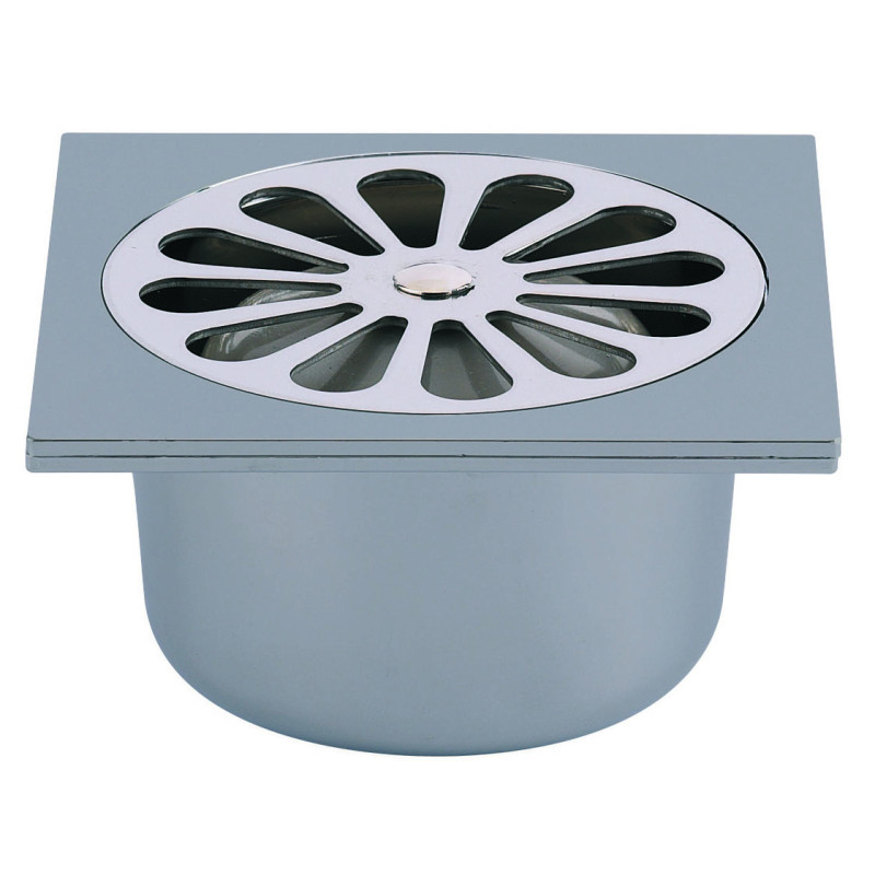 Siphon de sol ABS gris 100x100,grille cloche inox,sortie verticale Ø40 à coller