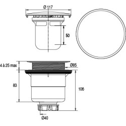 Bonde receveur Ø90, capot serti inox Ø117mm, sortie verticale Ø40,corps 70% PCR
