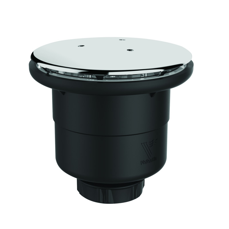 Bonde receveur Ø90,capot métal chromé Ø120mm,sortie verticale Ø40,corps 70% PCR