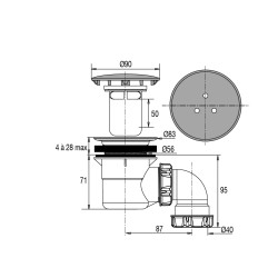 Bonde douche Ø60, capot serti inox Ø90, sortie orientable Ø40, corps 70% PCR
