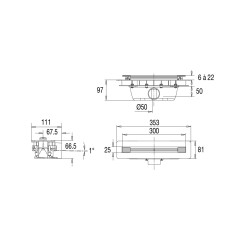 Caniveau de douche PANAMA 300, H. 97mm, sortie Ø50mm à coller, recoupable