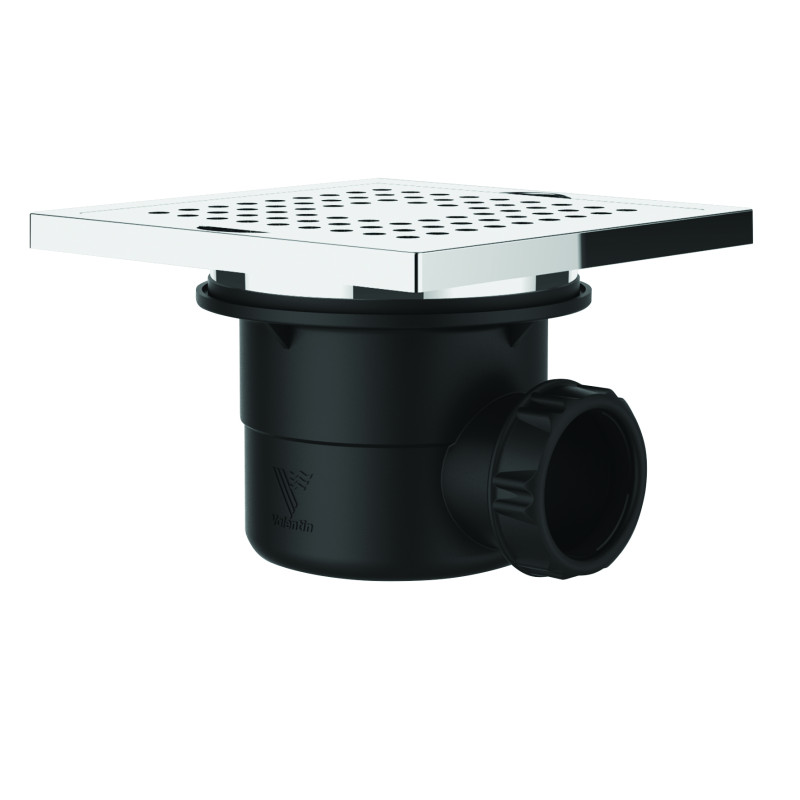 Bonde de sol cadre ABS 150x150, H. 102mm, sortie horizontale Ø40, corps 70% PCR