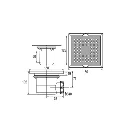 Bonde de sol cadre ABS 150x150, H. 102mm, sortie horizontale Ø40, corps 70% PCR