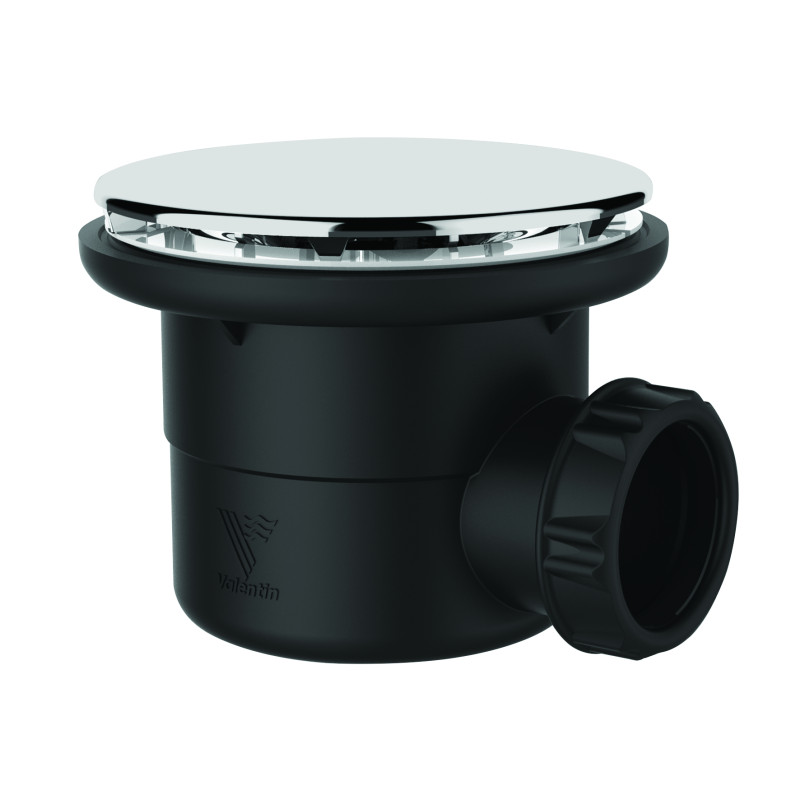 Bonde douche NF Ø90, capot serti inox, sortie horizontale Ø40, corps 70% PCR