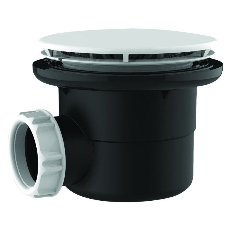 Bonde douche Ø90,capot ABS blanc Ø116 mm, sortie horizontale Ø40, corps 70% PCR