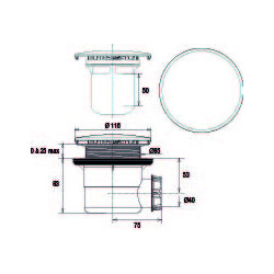 Bonde douche Ø90,capot ABS blanc Ø116 mm, sortie horizontale Ø40, corps 70% PCR