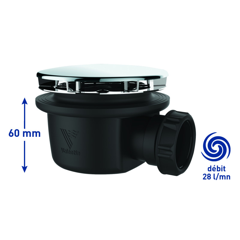 Bonde douche extra-plate NF Ø90, MINIME,capot métal chromé, H. 60,corps 70% PCR