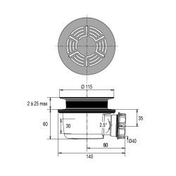 Bonde douche extra-plate Ø90, MINIME,grille inox, H. 60, corps 70% PCR
