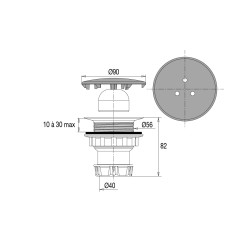Bonde de douche Ø60mm,capot métal Ø90mm,sortie vert. à visser et/ou coller Ø40mm